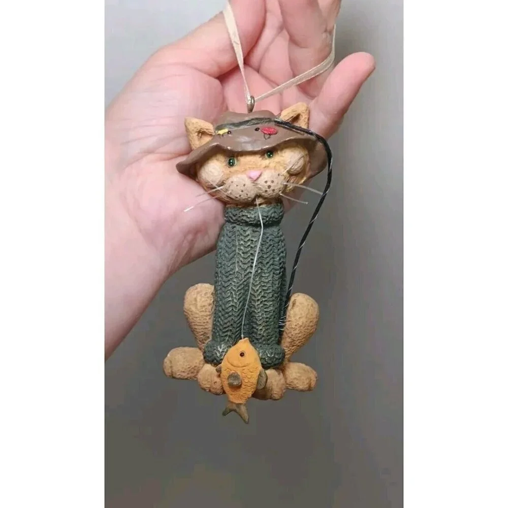Kurt Adler Resin Cat with Fish and Fishing Pole Christmas Ornament (901)